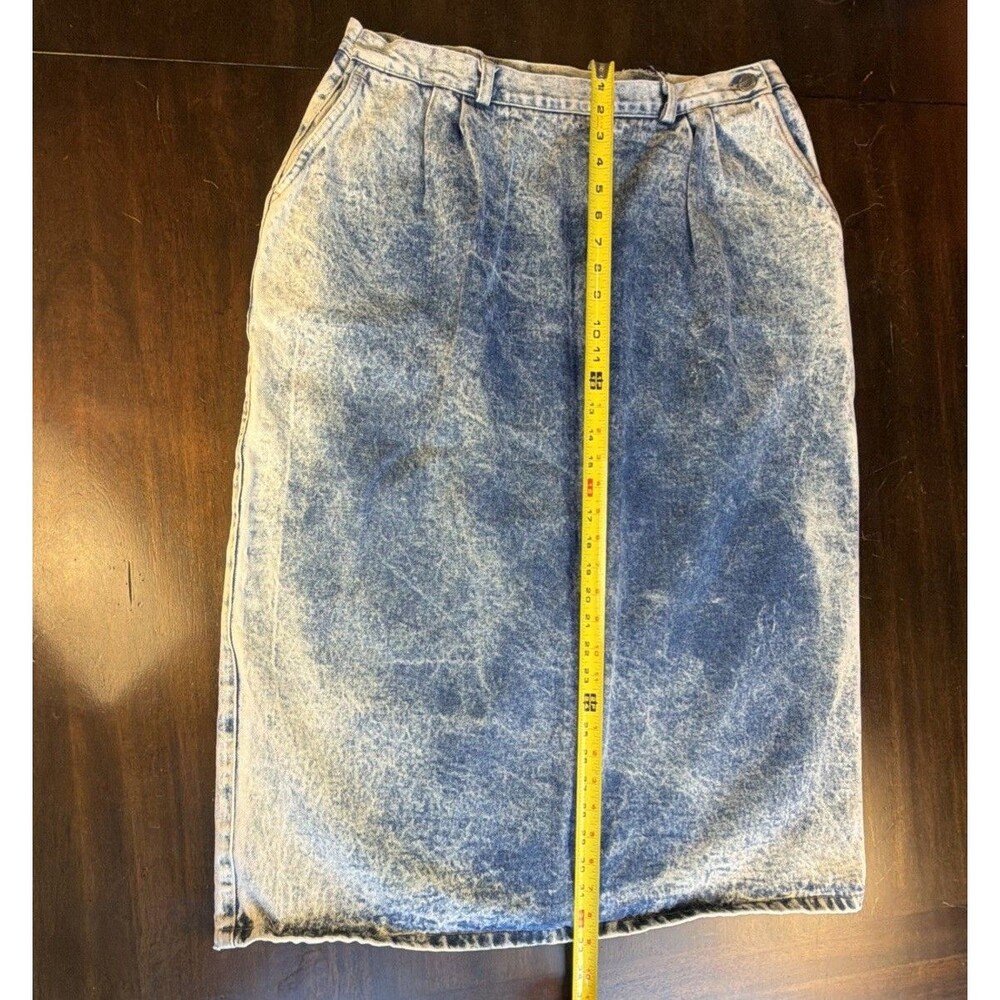Vintage 80s Palmettos Acid Wash Denim Midi Skirt Pleated Button Back Slit L 16 - Picture 16 of 16